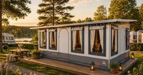Embla 5+ på camping i skymning